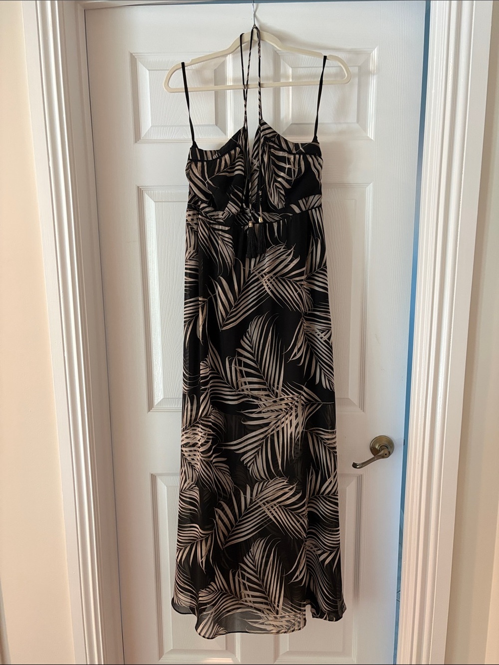 White House Black Market Black Maxi Dress with Cream Palm Leaf Print